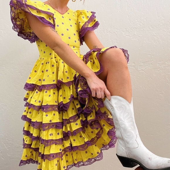 Vintage 1970's Yellow Purple Polka Dot Ruffle Lace Tiered Midi Dress - Picture 6 of 6